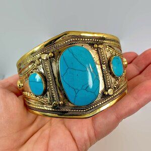 Turquoise Bracelet, Afghan, Kuchi, Vintage Cuff, Brass, Silver, CompTurquoise